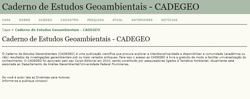 Capa da revista Caderno de Estudos Geoambientais – CADEGEO